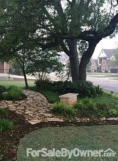 Front Yard : Custom Bench, Walkway, Large Oaks, Landscaping