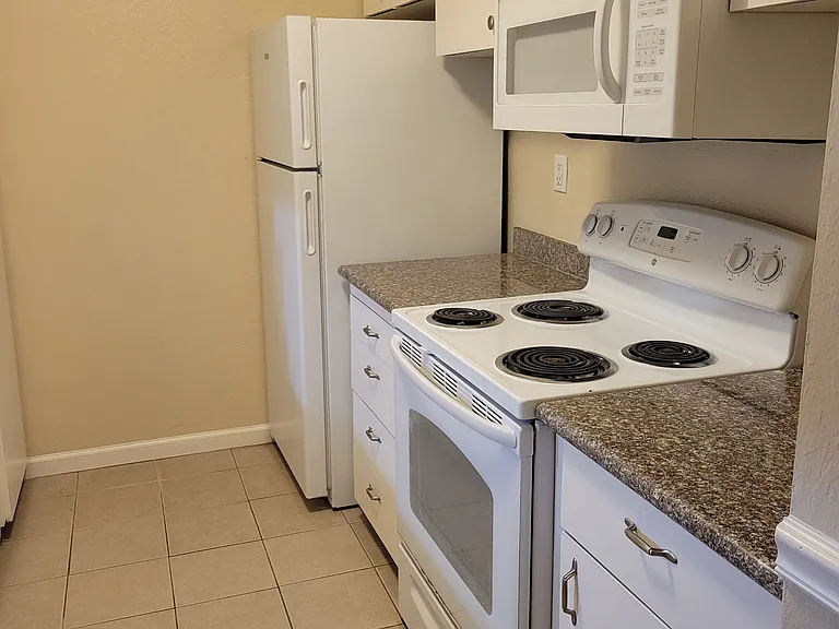 other side of the kitchen, with electric stove, microwave and refrigerator