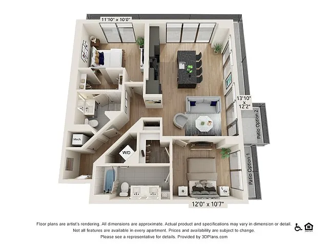 Floor plan Two Bedroom Two Bath Penthouse (1110 SF)