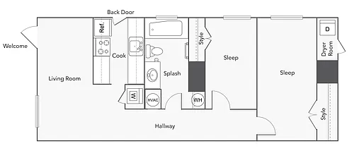 Floor plan 2 BR x 1 BA Duplex with Washer/Dryer - A