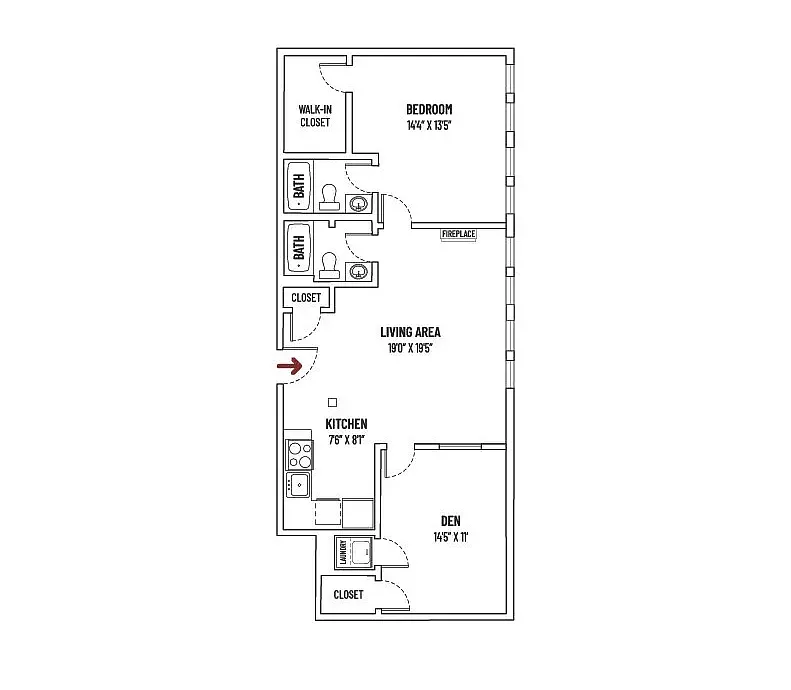 Floor plan 1 BR, 2BA+Den