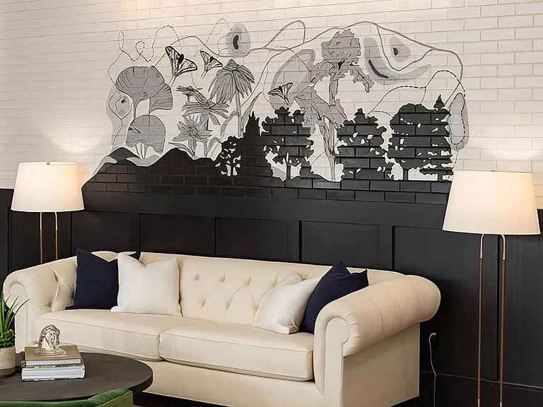 Stylish Seating Area with White Brick Wall Art and Warm Decorative Lighting