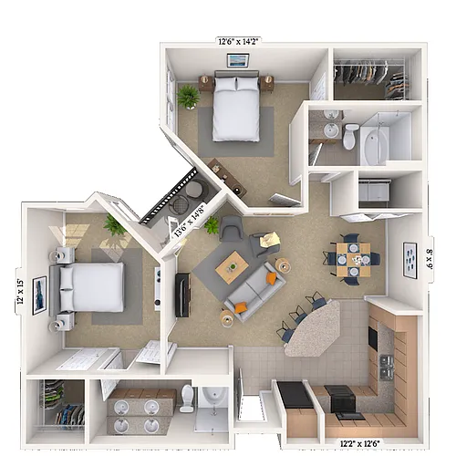 Floor plan Traditional 2x2 1076 SF