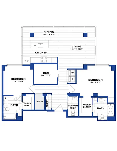 Floor plan 2 Bed/2.5 Bath Den-P5