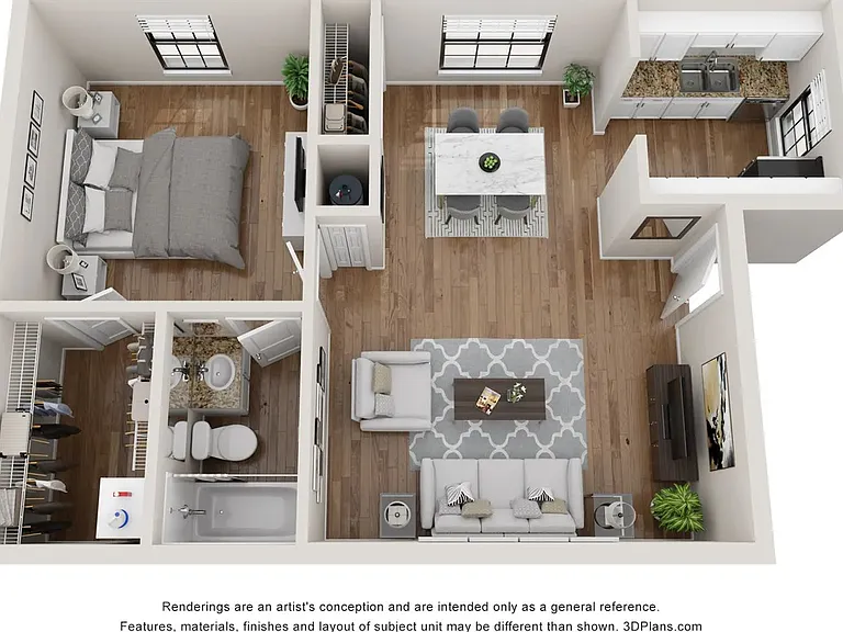 A 3D floor plan rendering of The City, a one-bedroom, one-bathroom apartment.