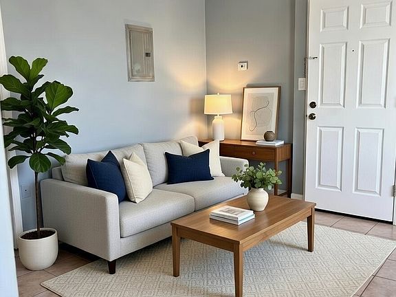 Cozy living room as soon as you walk in the front door with a coat closet and two big windows.