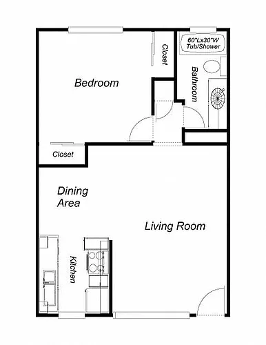 Floor plan 1 Bedroom, 1 Bathroom, 648