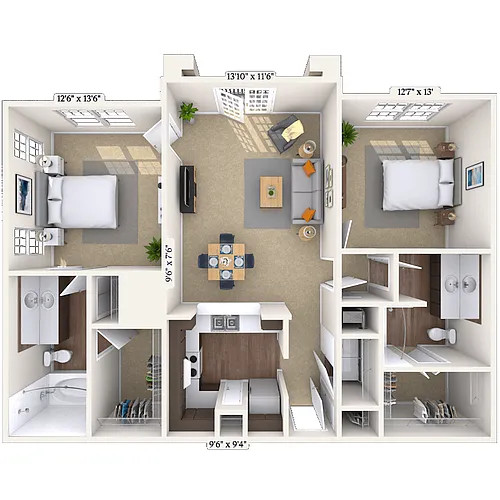 Floor plan Traditional 2x2 1118 SF