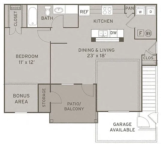 Floor plan 1 Bedroom w Garage - Renovated