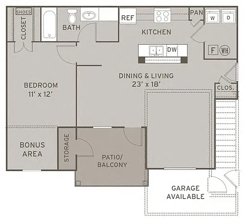 Floor plan 1 Bedroom w Garage - Renovated
