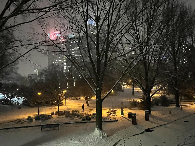View from the balcony on a snowy winter night