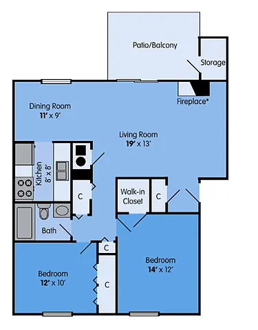 Floor plan 2 bed 1 bath sm classic wb2x1sl-Oak