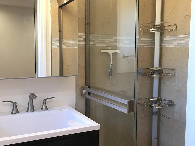 Updated bathroom with stainless steel shower caddy