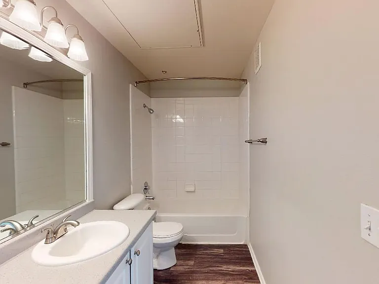Apartment bathroom with large soaking tub and wood-style flooring.