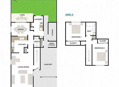 Floor plan Kaimana 2/1.5 1126sf Townhome