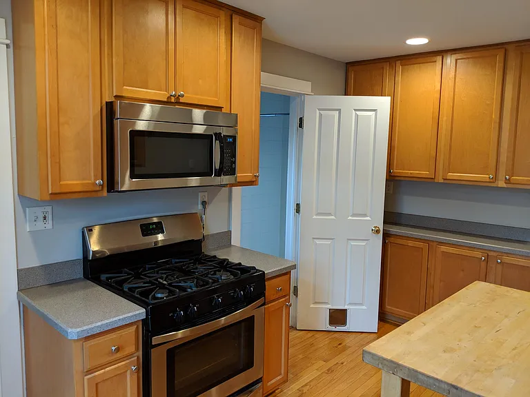 Kitchen, first-floor bathroom door