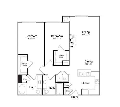 Floor plan Two Bedroom Two Bath (1177 SF)