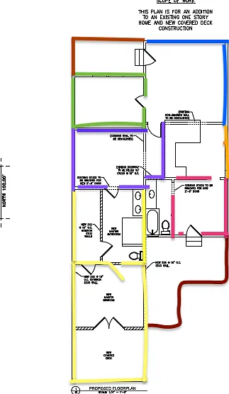 Brown-small deck in front, large deck in back
Blue-open concept, living area opens to kitchen
Green-Bedroom 1
Purple- Bedroom 2
Yellow- Master bath, Master bedroom, master closet and office. 
Pink_ Laundry adjacent to Full bath #2