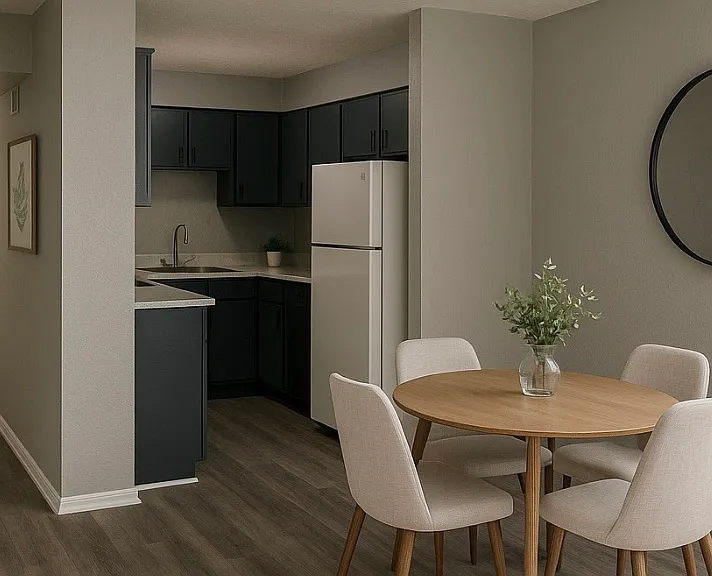 2BR/1BA Dining Area & Kitchen (staged using A.i.)