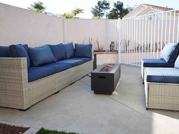 Outdoor patio seating with firepit
