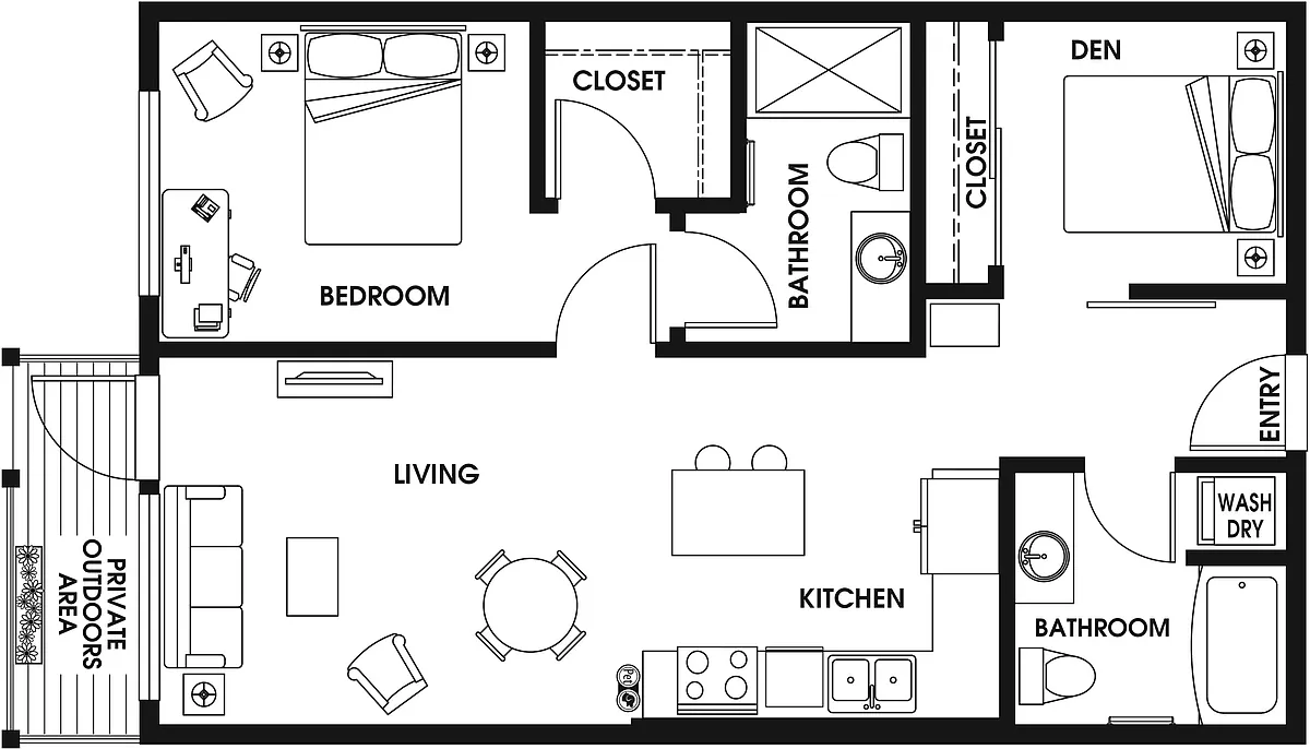 Floor plan 1 Bed/2 Bath Den-B7a_P