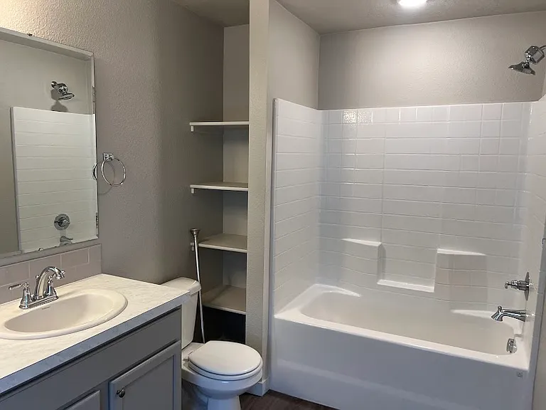 Master shower/tub and storage shelves