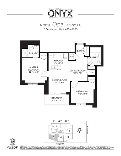 Floor plan Opal w/ Balcony; 2 beds, 2 baths