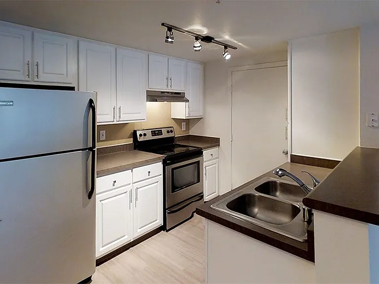 Apartment kitchen with stainless steel appliances in select homes and wood-style flooring.