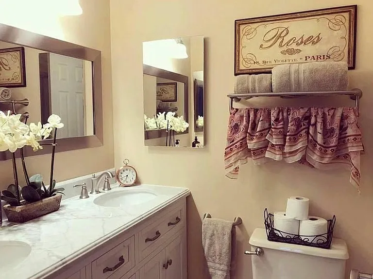 Master Bath. Double sink. Lots of storage. Large shower. New toilet and tile flooring.