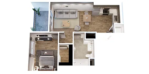 Floor plan 1 BD, 1 BTH F