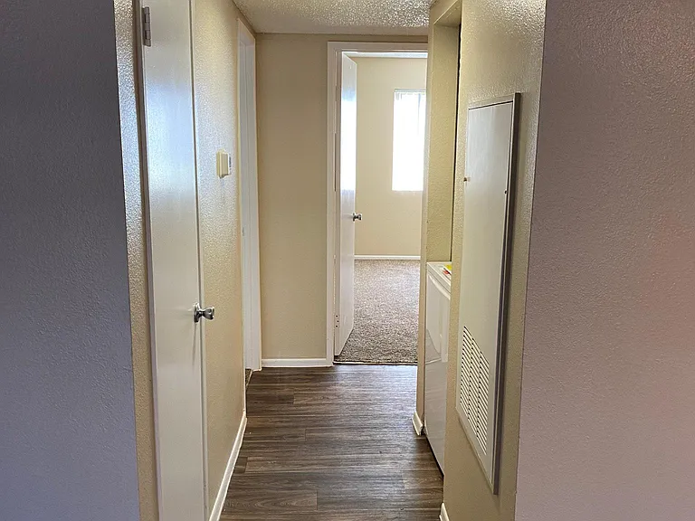 downstairs 2 bedroom - hall with LED ceiling fixture - door on left is linen closet
