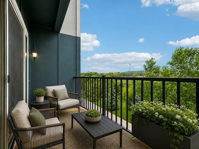 Apartment balcony overlooking landscaped green space with trees.