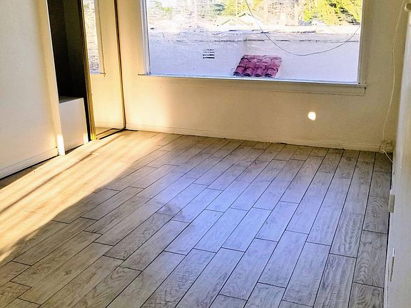 View from living room with mirror coat closet