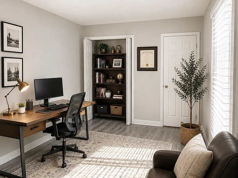 Multi-functional room with bright sunny windows and large closet! This quiet space makes for an excellent home office (as seen here utilizing AI tech), an art/crafting room, study or video game room! Endless possibilities.