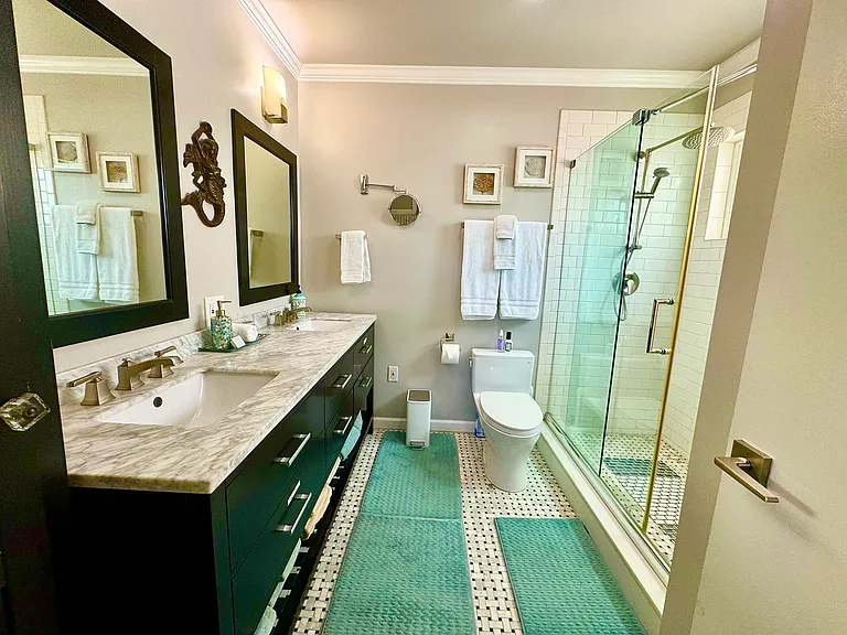 Master bathroom with double vanity, walk-in rain shower, new LG washer/dryer in closet