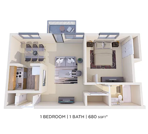 Floor plan 1 Bed 1 Bath - 680 sqft