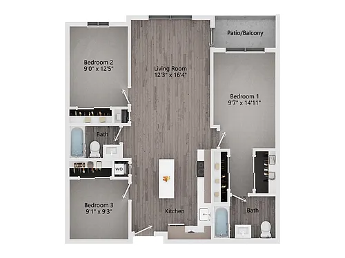 Floor plan 3 Bedroom, 2 Bath B
