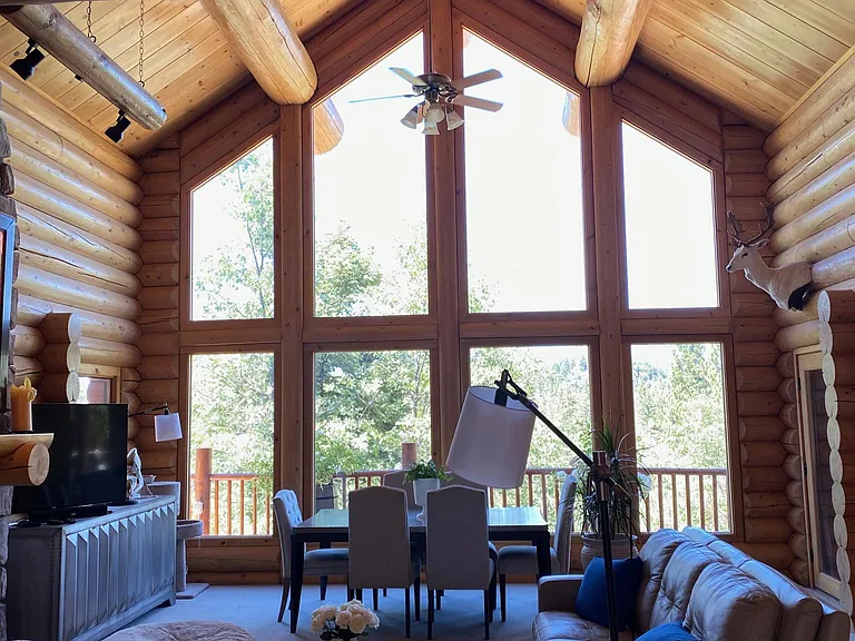 Living room with vaulted ceilings.