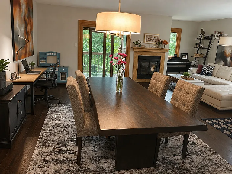 Main dining with attached living room and wood fireplace
