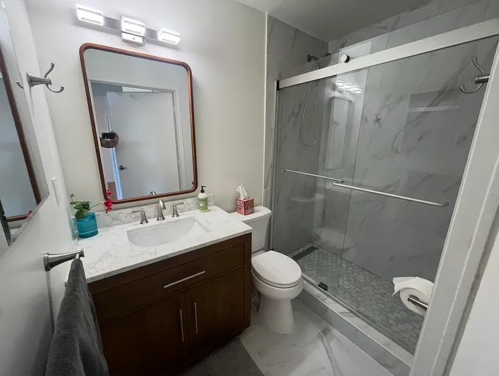 Brand-new bathroom with a walk-in tiled shower.