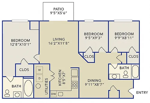 Floor plan Three bedroom 2 bath apartment "A"
