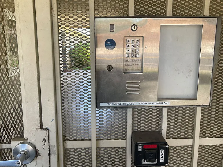 Security door at entrance to Eucalyptus Apartments in Moreno Valleym, California.