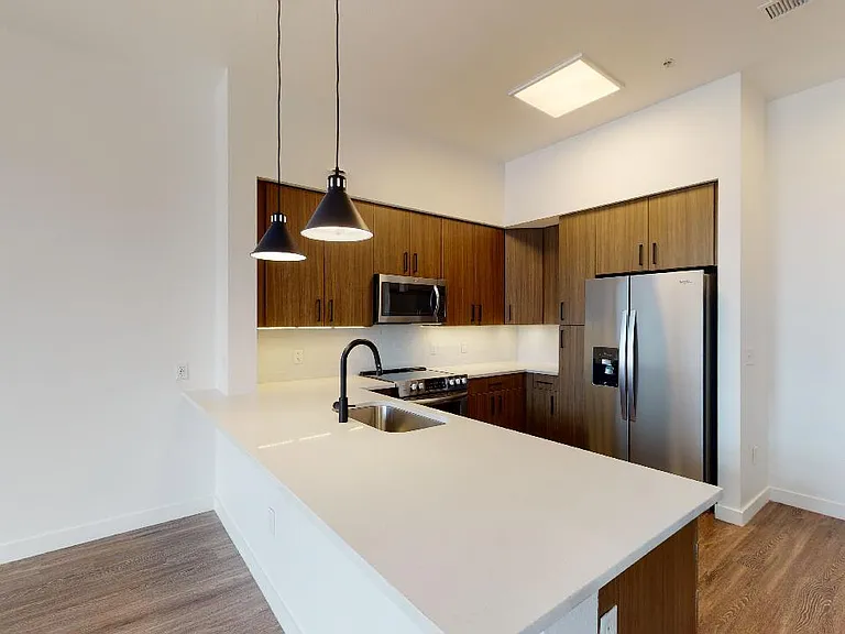 Apartment kitchen with stainless steel appliances, quartz countertops and wood-style flooring.