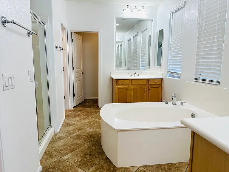 Bright primary bathroom with a soaking tub, separate walk-in shower, dual vanities, and access to two walk-in closets.