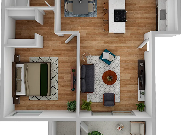 3D Furnished One-Bedroom, One-Bathroom Floor Plan 3D Furnished One-Bedroom, One-Bathroom Floor Plan