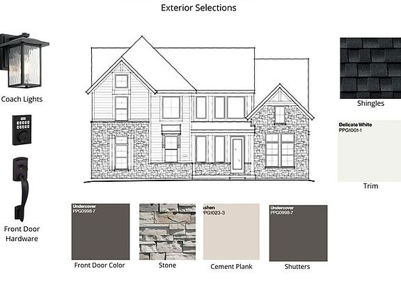 Two-story exterior featuring a prominent gabled roofline, stone veneer accents, white horizontal sid