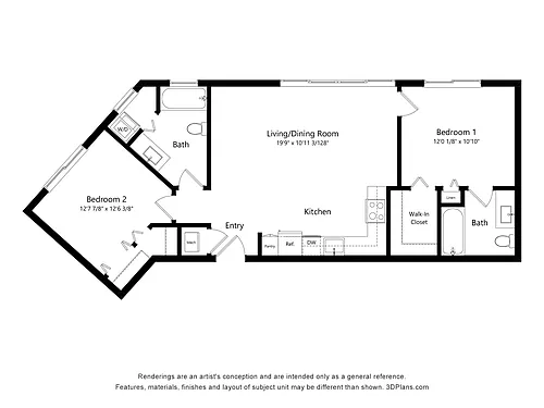 Floor plan B1 | 2 Bed | 2 Bath