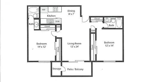 Floor plan 2 Bedroom, 2 Bath - Plan A