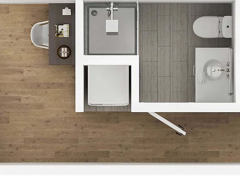 Explore the efficiency of this stylish studio apartment designed for modern living. Explore the efficiency of this stylish studio apartment designed for modern living.