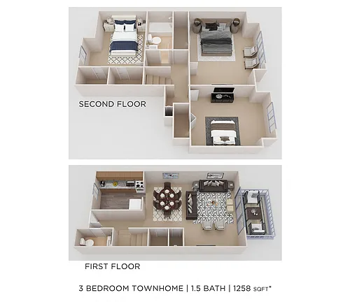 Floor plan Three Bedroom 1.5 Bath Townhome - 1,205 sqft